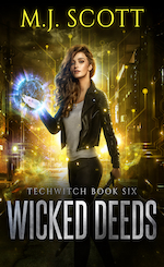 A woman standing in an alley. she's wearing a black leather jacket, white t-shirt and black jeans and holding a sword and a glowing orb of magic. Behind her is golden glowing circuits. Title is Wicked Deeds.