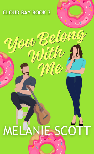 YBWM Alt 300_490 Cover of Don't Blame Me by Melanie Scott. An illustrated woman with long brown hair, black jeans and a black t-shirt with a red lightning bolt is walking in front of a man in a white t-shirt and blue jeans. There is a tennis ball behind him and a blue musical note behind her. There is a bright yellow sun in the top left corner and the background is hot pink